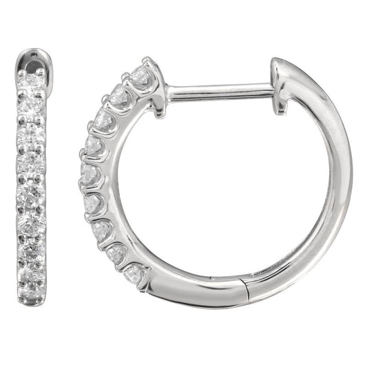 14k White Gold Diamond Hoop Huggie Earrings 17mm