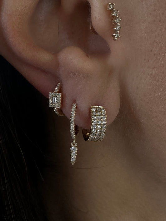 14k Yellow Gold 11mm Baguette Halo Diamond Huggie Earrings .20ctw