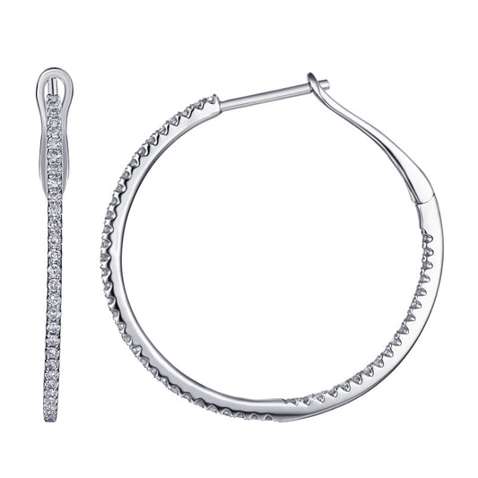 14k White Gold Dainty Diamond Hoop Earrings 27mm