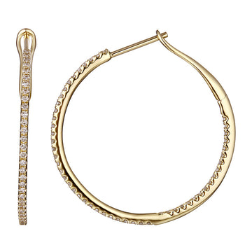 14k Yellow Gold Dainty Diamond Hoop Earrings 27mm