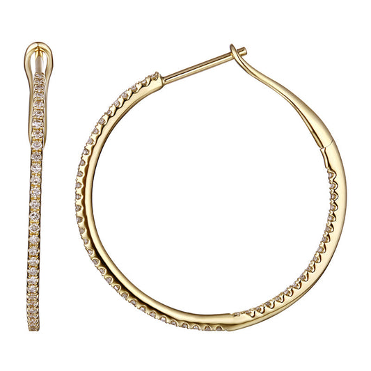 14k Yellow Gold Dainty Diamond Hoop Earrings 27mm