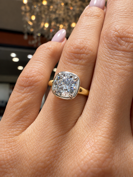 14k Yellow Gold & Platinum Two Tone 2.00ct Lab Grown Round Diamond Cushion Bezel Solitaire Engagement Ring
