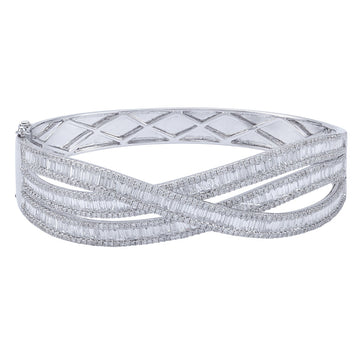 18k White Gold Baguette Diamond Crossover Wide Bangle