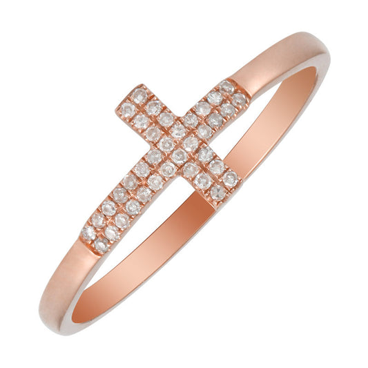 14k Rose Gold Double Row Diamond Cross Ring