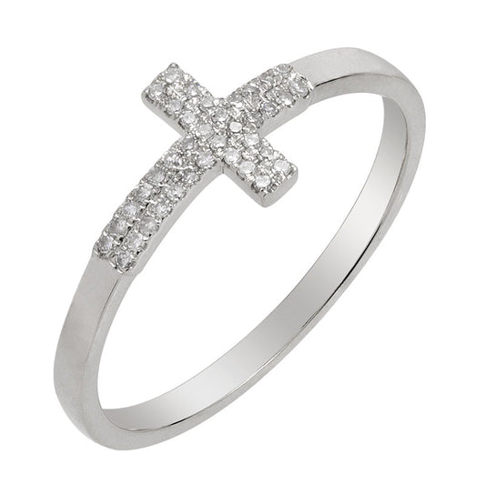 14k White Gold Double Row Diamond Cross Ring