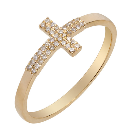 14k Yellow Gold Double Row Diamond Cross Ring