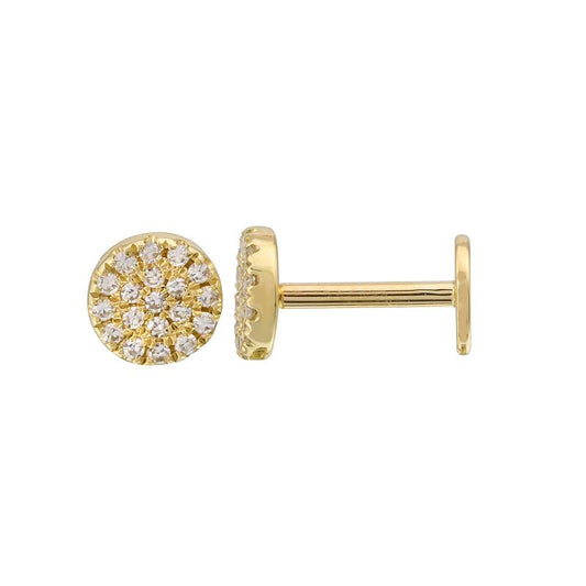 14k Yellow Gold Mini Circle Pave Diamond Flat Back Earrings