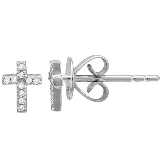 14k White Gold Mini Cross Diamond Stud Earrings