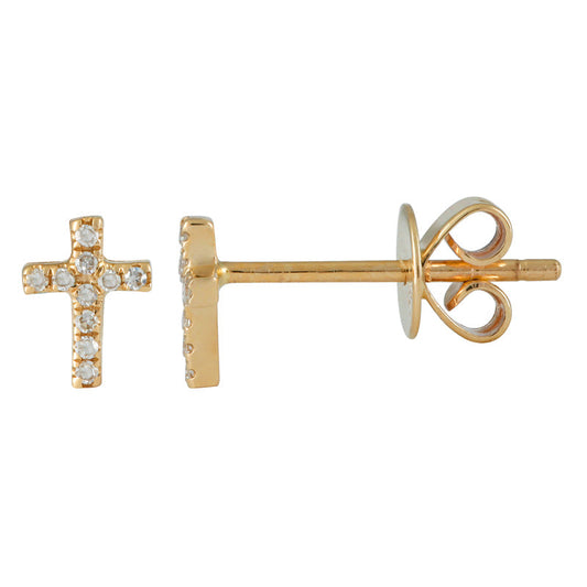 14k Yellow Gold Mini Cross Diamond Stud Earrings