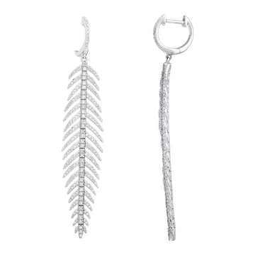 14k White Gold Diamond Feather Huggie Earrings