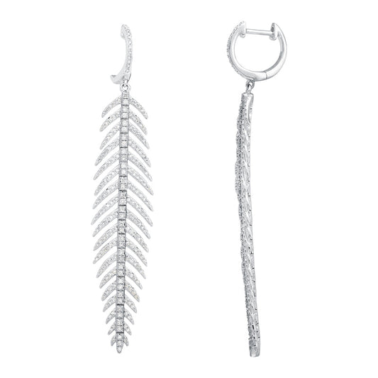 14k White Gold Diamond Feather Huggie Earrings