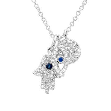 14k White Gold Hamsa/Evil Eye /Circle Diamond Trio Necklace