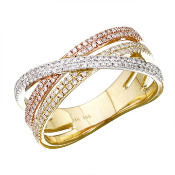 14k Tri-Tone Gold Three Double Row Crossover Diamond Ring