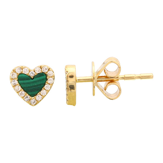 14k Yellow Gold Malachite Heart Diamond Stud Earrings