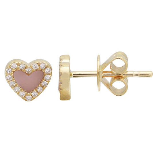 14k Yellow Gold Heart Pink Opal Diamond Stud Earrings