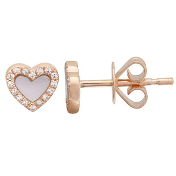 14k Rose Gold Heart Mother of Pearl Diamond Stud Earrings