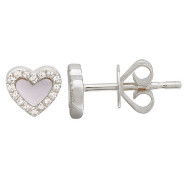 14k White Gold Heart Mother of Pearl Diamond Stud Earrings