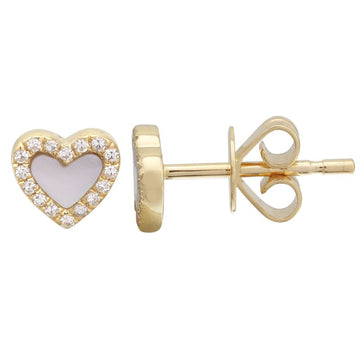 14k Yellow Gold Heart Mother of Pearl Diamond Stud Earrings