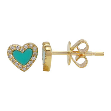 14k Yellow Gold Heart Turquoise Diamond Stud Earrings