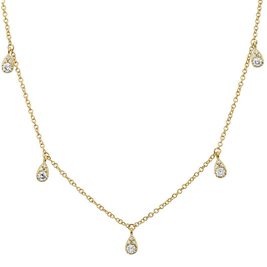 14k Yellow Gold Five Drop Dangling Pear Shape Diamond Necklace