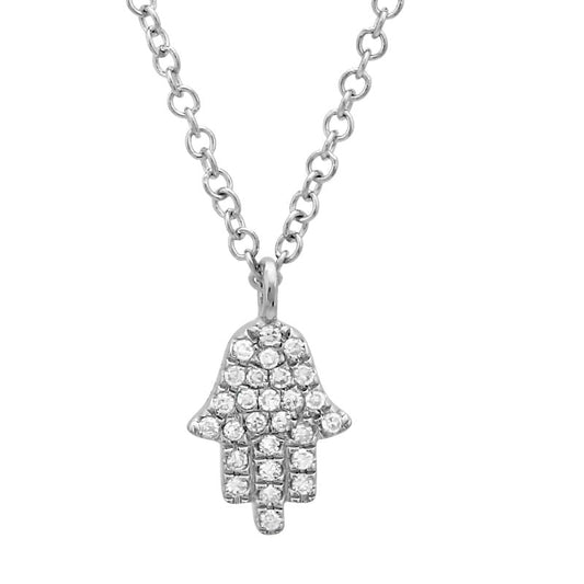 14k White Gold Diamond Hamsa Necklace 8mm