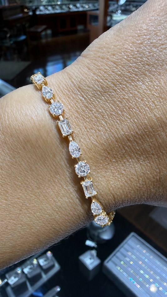 14k Yellow Gold Lab Grown Multi Shape Emerald & Oval & Round Diamond Tennis Bracelet 7.00ctw