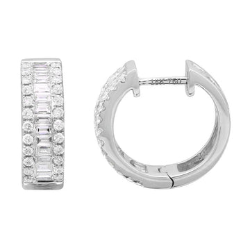 18k White Gold Baguette Halo Diamond Huggie Earrings