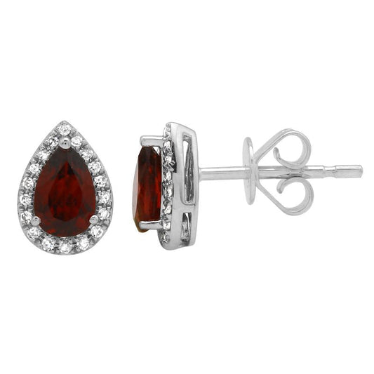 14k White Gold Garnet Diamond Halo Earrings