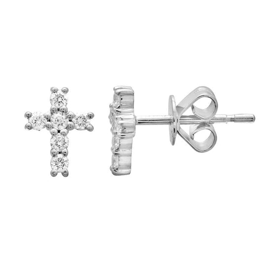 14k White Gold Cross Diamond Stud Earrings 8mm