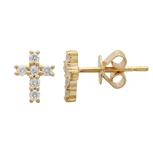 14k Yellow Gold Cross Diamond Stud Earrings 8mm