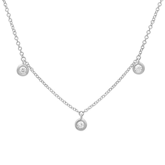 14k White Gold Three Diamond Bezel Drop Necklace