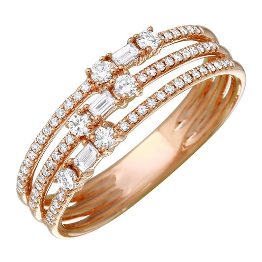 14k Rose Gold Three Row Mixed Shape Diamond Ring