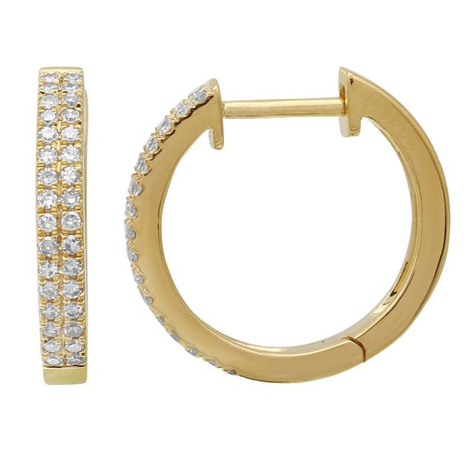 14k Yellow Gold Double Row Diamond Huggie Earrings 14mm