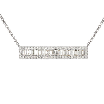 14k White Gold Baguette Rectangle Halo Diamond Bar Necklace