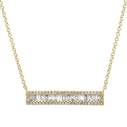 14k Yellow Gold Baguette Rectangle Halo Diamond Bar Necklace