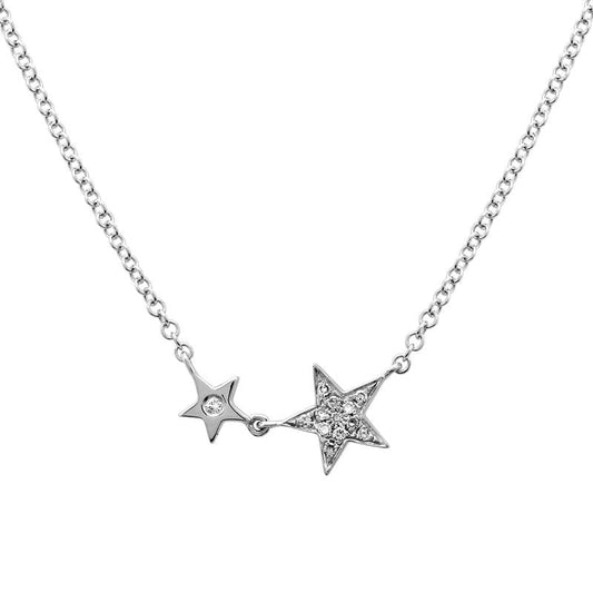 14k White Gold Big & Little Star Diamond Necklace