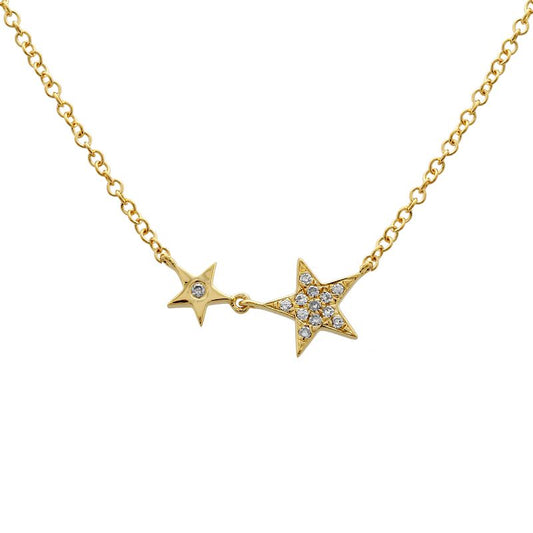 14k Yellow Gold Big & Little Star Diamond Necklace