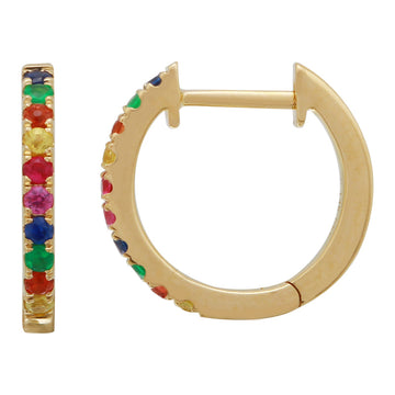 14k Yellow Gold Multi Gemstone Rainbow Huggie Earrings 12mm