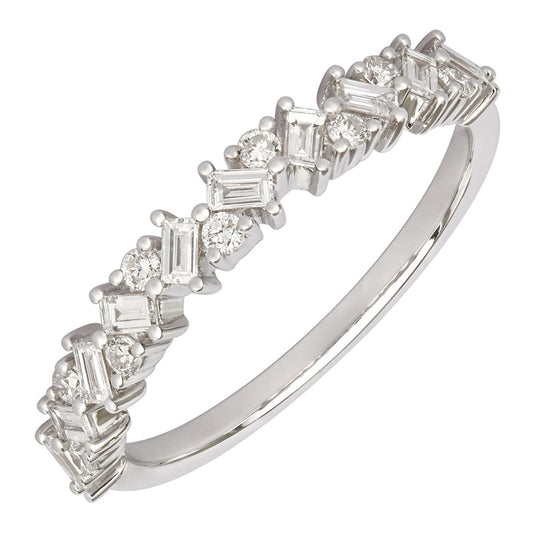 14k White Gold Alternating Baguette & Round Diamond Ring