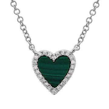 14k White Gold Malachite Heart Diamond Necklace 9mm