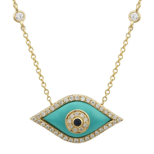 14k Yellow Gold Turquoise Evil Eye Diamond Bezel Necklace