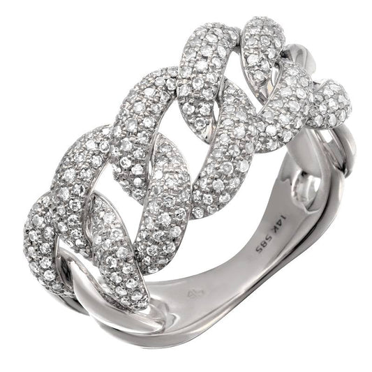 14k White Gold Wide Cuban Link Diamond Ring