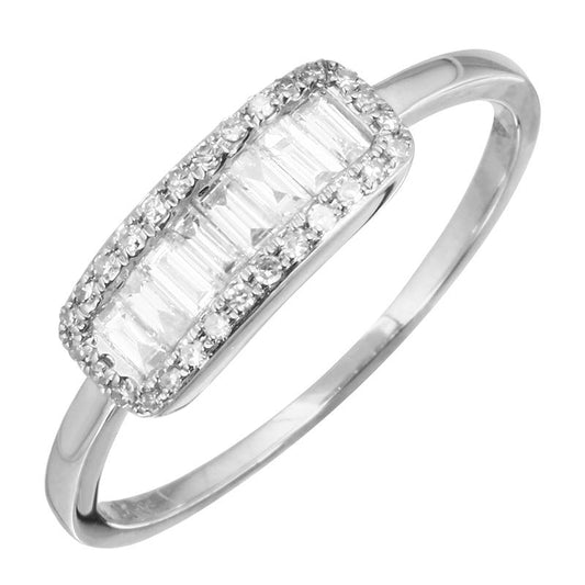 14k White Gold Baguette Halo Bar Diamond Ring