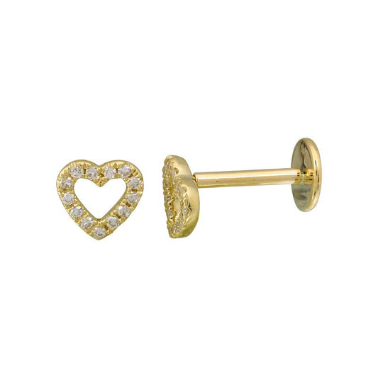 14k Yellow Gold Open Heart Diamond Flat Back Earrings