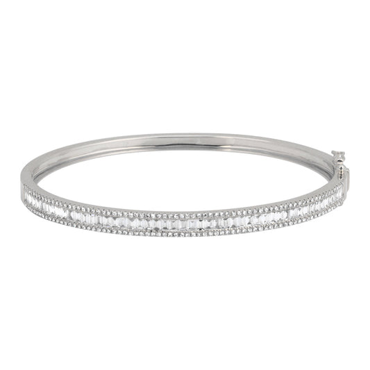 14k White Gold Bordered Vertical Baguette Diamond Bangle