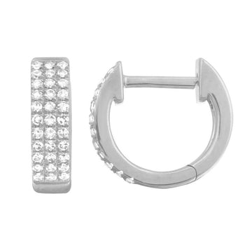 14k White Gold Dainty Triple Row Diamond Huggie Earrings 10mm