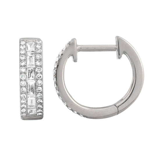 14k White Gold Round & Baguette Diamond Huggie Earrings