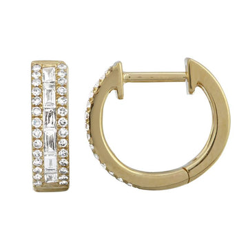 14k Yellow Gold Round & Baguette Diamond Huggie Earrings