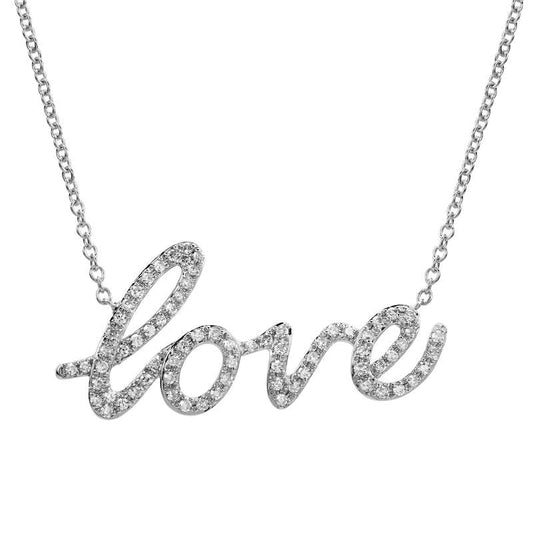 14k White Gold Love Script Diamond Necklace