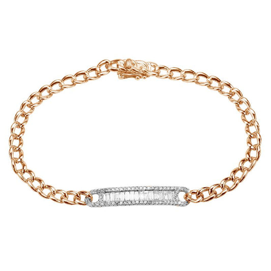 14k Two-Tone Rose & White Gold Diamond Baguette Bar Bracelet